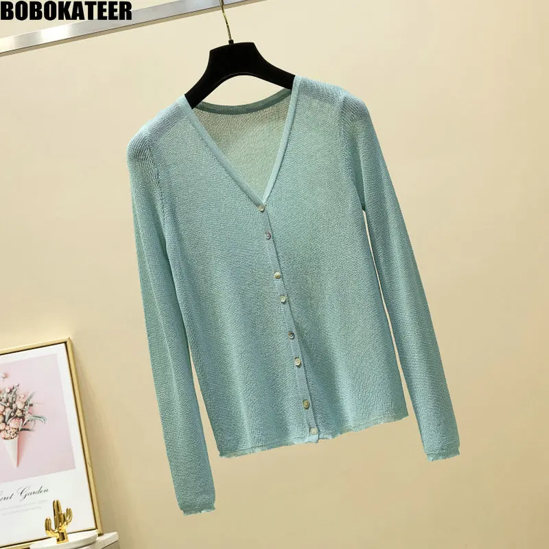 

BOBOKATEER Summer Knitted Cardigan Women Sweater Long Sleeve White Thin Autumn Sweater Women Clothes V neck Tops Pull Femme 2019