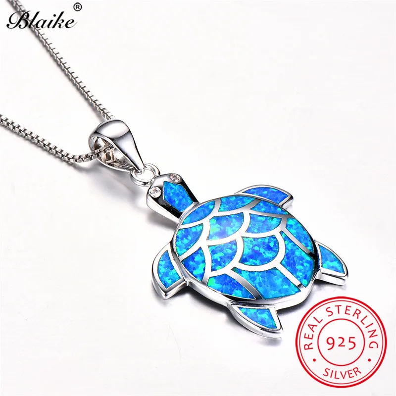 Blaike 925 стерлингового серебра милый кулон черепаха для женщин океан синий огонь ожерелье с опалом женский камень колье Свадебные украшения