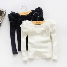 2016 New Kids Girls Puff Sleeve Shirts Spring Fall Ruffles Princess Party Tops Candy Color Long Sleeve Cotton Blouse 5PCS/LOT