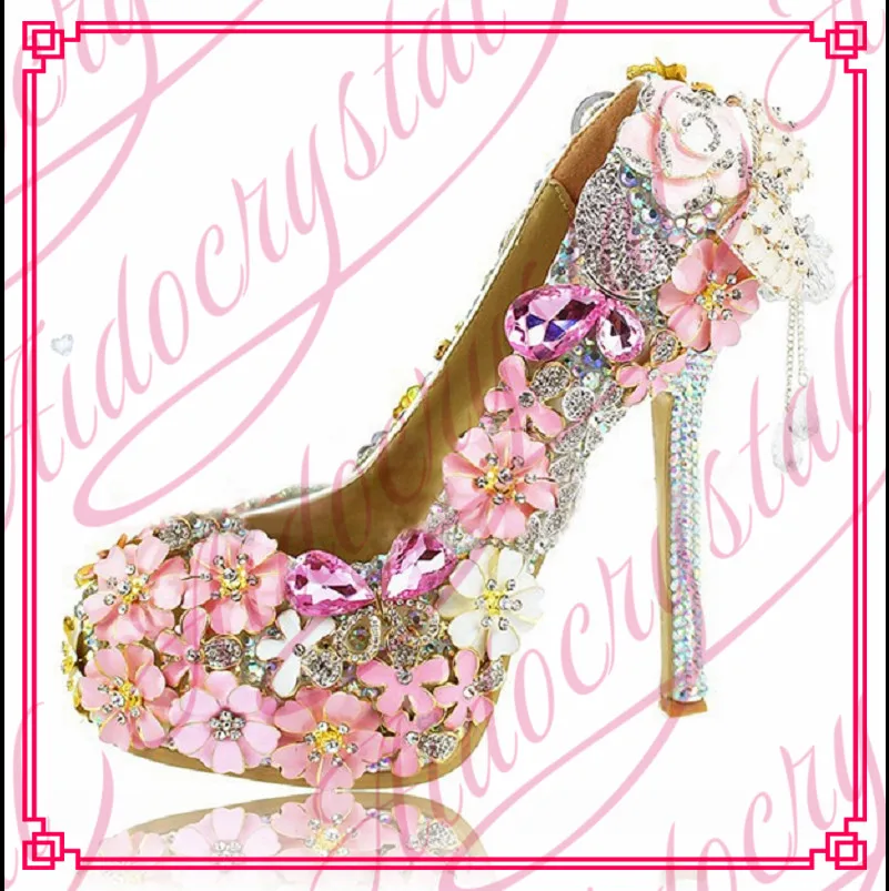 

Aidocrystal custom make plus size high heel princess pink bridal wedding shoes with rhinestone Flowers