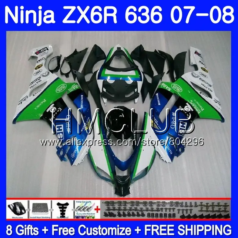 

Body For KAWASAKI NINJA ZX 6R 6 R 600CC ZX-636 ZX636 07 08 16HM.0 ZX600 ZX6R 07 08 ZX 636 ZX-6R 2007 2008 Fairing Blue white