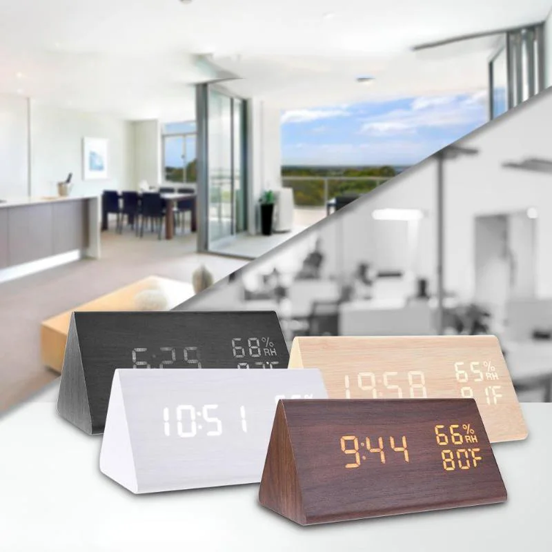 

Wood LED Alarm Clocks Electronic Table Clock Sound Control Digital Clock Thermometer Timer Calendar Display Home Decor