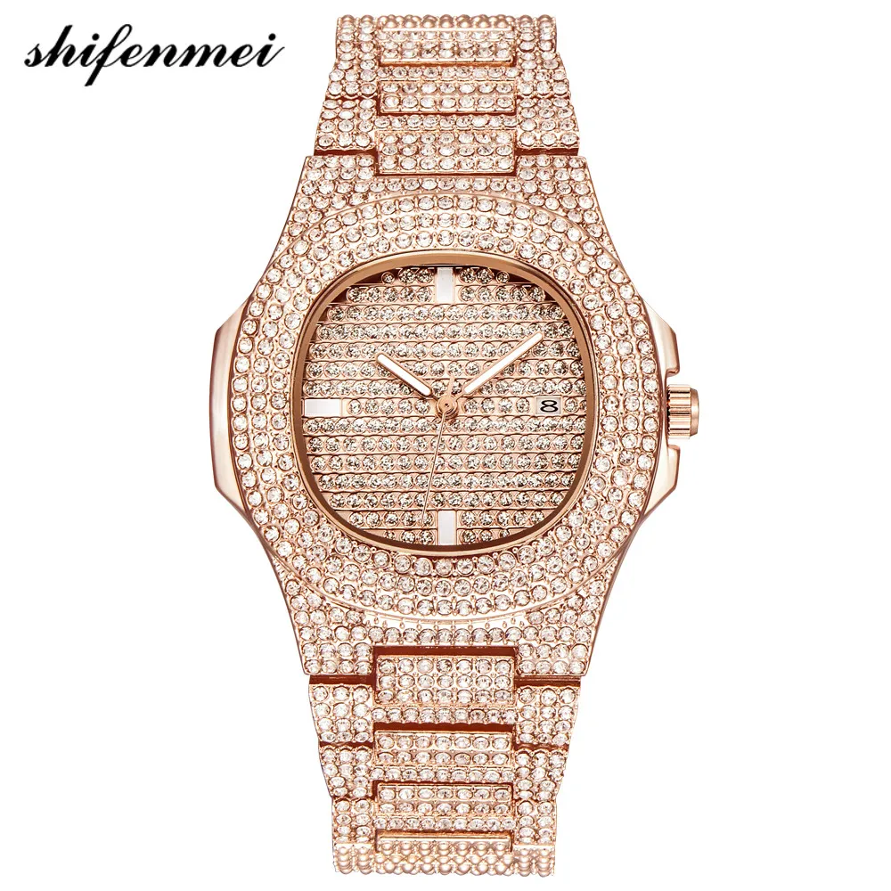 Mens Watches Fashion Diamond Automatic Date Quartz Watch Men Gold Stainless Steel Business Mens Watches Top Brand Luxury clock