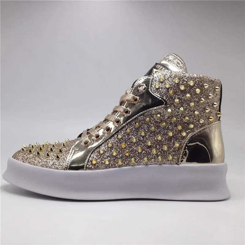 

Men High Top British Style Rrivet Shoes Men Causal Luxury Shoes Red Gold Black Bottom Rubber Shoes For Male 7#20ND50