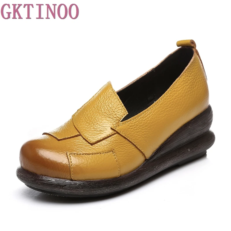 2017 Women Genuine Leather Platform Shoes Round Toes Comfortable Handmade Vintage Women s Shoes pumps