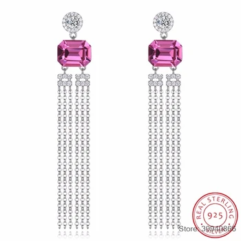 

Crystals from Earrings Dangle for Women Drop S925 Sterling Silver Girls Pink Fine Jewelry Fashion Tassel 2018
