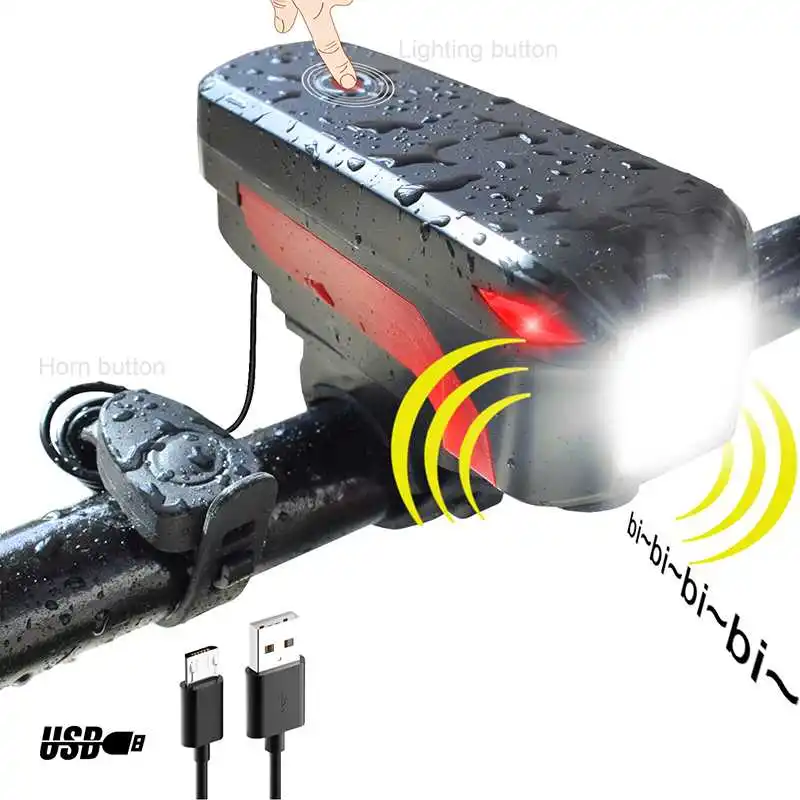 Perfect WasaFire USB Rechargeable Riding Front light Electric Horn Bicycle Headlights Vocal 140dB bike bell Speaker Cycling led Light 0