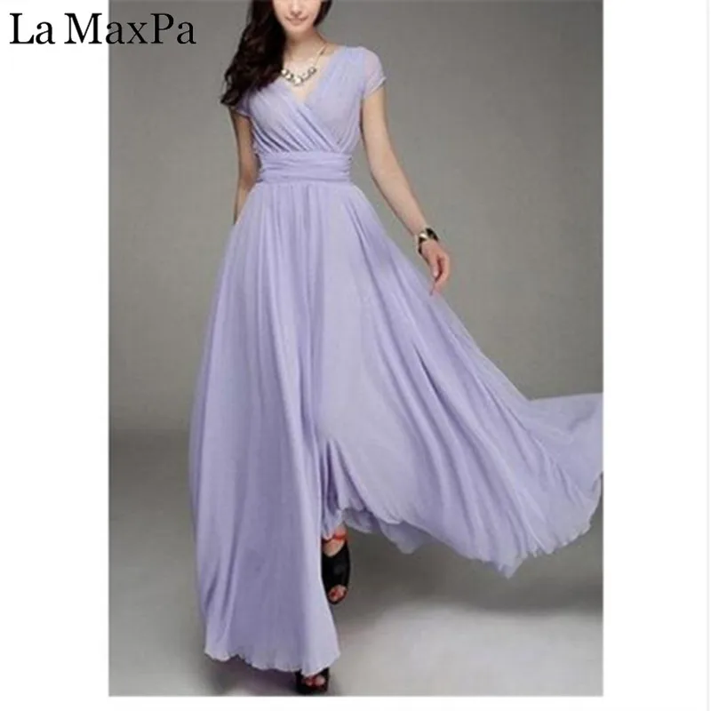 Womens Dress Bohemian Long Maxi Sexy Woman Maxi Long Summer Boho Beach Evening Party V-Neck Floor Length Chiffon Pleated Dresses