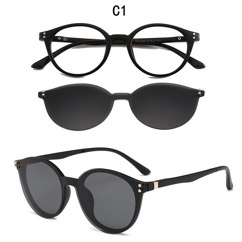Бренд TR90, гибкие ретро очки, женские клипсы, поляризованные линзы, магнит, мужские зеркальные солнцезащитные очки, оптические очки, оправа, круглые - Цвет линз: CTTR2285-C1