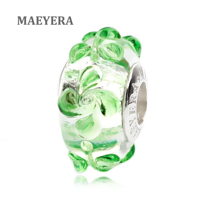 MAEYERA 925 Sterling Silver Lampwork Beads Greed Revolving Flower Murano Glass For European Charm Bracelet 920246 | Украшения и