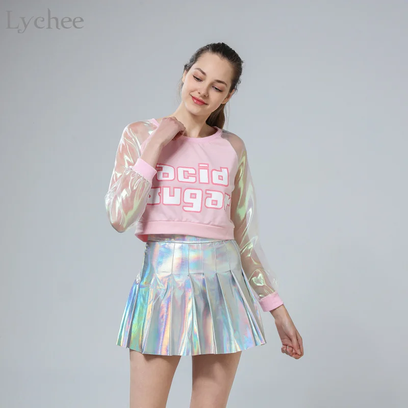 Lychee Spring Autumn Harajuku Japanese Style Women T-shirt Laser Transparent Long Sleeve Patchwork Crop Top