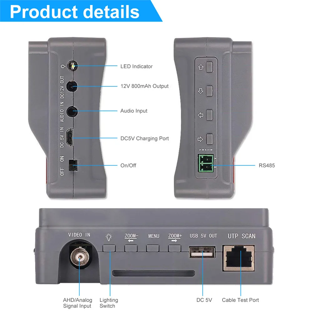 Promotion 4.3 inch four in one HD CCTV tester monitor AHD CVI TVI CVBS analog cameras testing3MP 1080P 960P 720P PTZ audio 12V