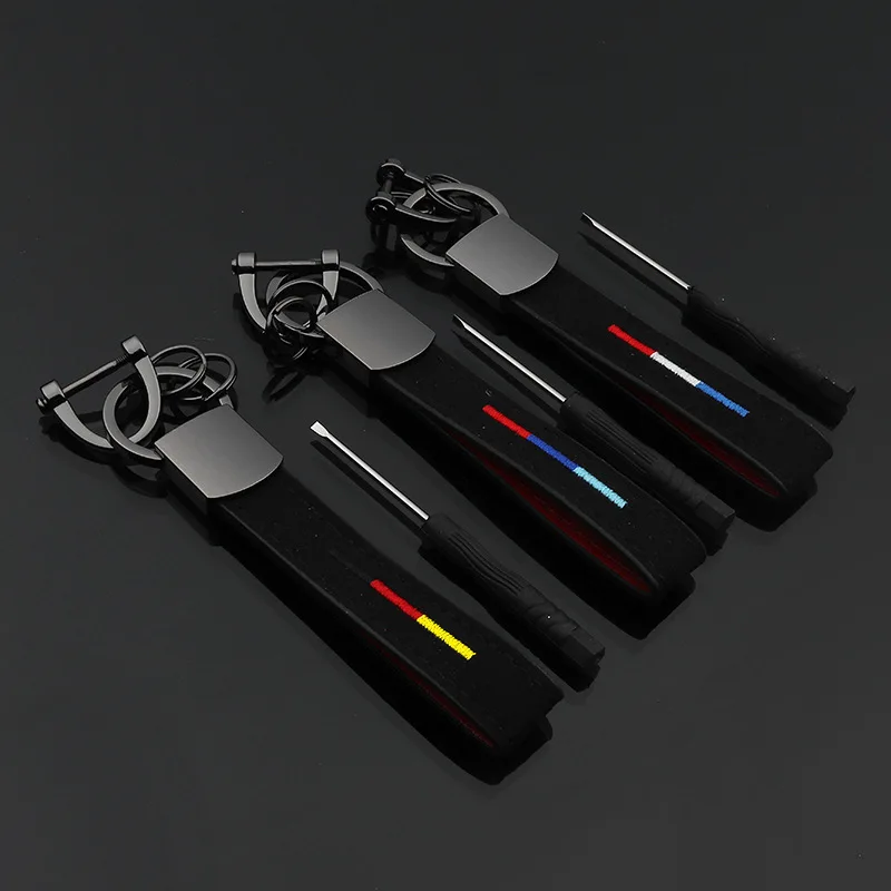 

Volkswagen Audi Mercedes Tricolor Embroidered Fleece Suede Leather Car Pull Ring Metal Keychain Ring Link Pendant