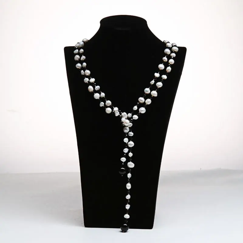 Длинное Элегантное ожерелье из натурального жемчуга, ювелирные украшения ручной работы, черный криатальный свитер, цепочка, ожерелье 130 см, длинный женский подарок