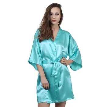 

New Solid Color Satin Women's Robe Spring Summer Sexy Black / Light Blue / Pink/ White Robes Women Bathrobe Polyester Robe Femme