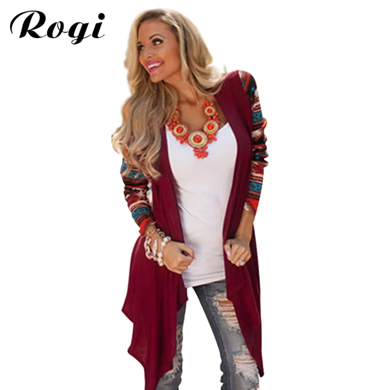 Rogi Cardigan Women Sweater 2017 Fashion Aztec Long Sleeve Stripe Tops Casual Long Cardigans Air Conditioning Asymmetrical Shirt
