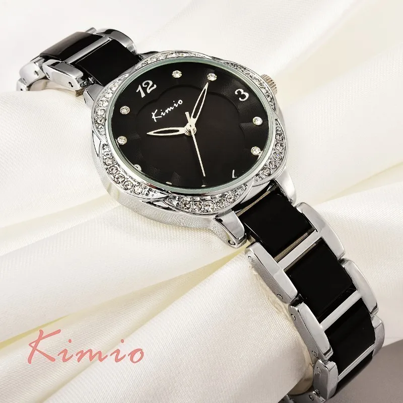 KIMIO Brand Plum Flower Dial Skeleton Willow Pointer Imitation Ceramic Resin Strap Diamond Rose Gold Watch Women Quartz-watch KIMIO Brand Plum Flower Dial Skeleton Willow Pointer Imitation Ceramic Resin Strap Diamond Rose Gold Watch Women Quartz-watch