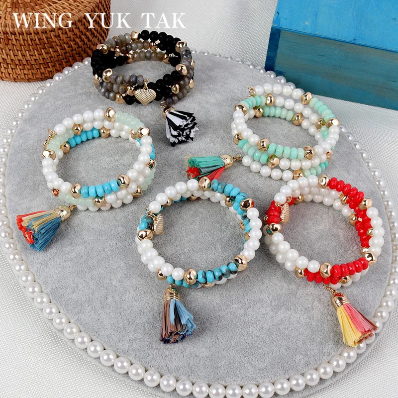 

wing yuk tak Bohemian Beaded Bracelet For Women Fashion Multi Llayer Lafite Charm Elastic Bracelets