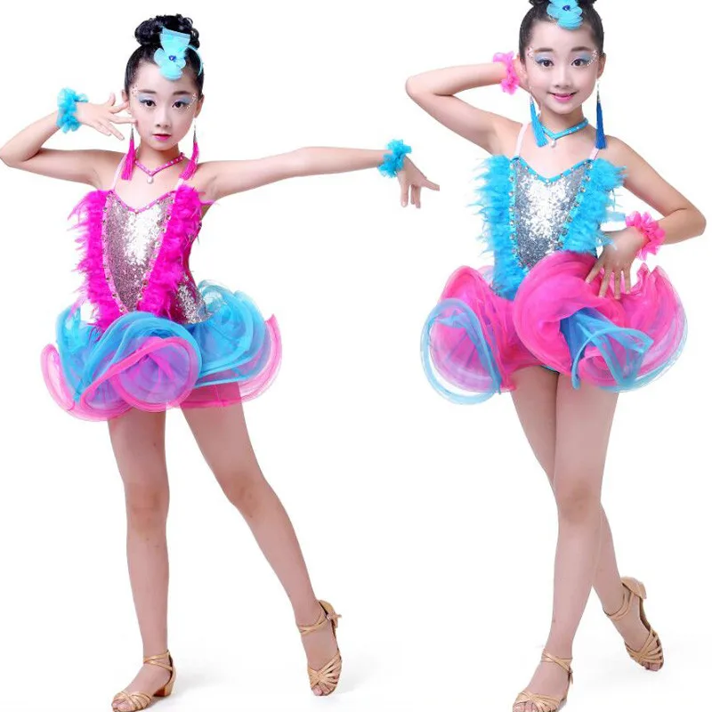 Блёстки с перьями, для девочек для Бальных и латиноамериканских танцев платье Дети профессиональные Балетные костюмы с пачкой в стиле джаз современные Катание на коньках, одежда, платье