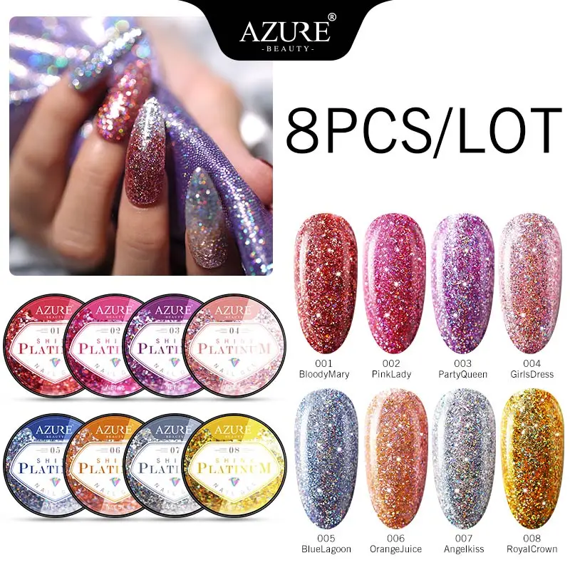 Azure Beauty 8Pcs/Lot Sparkly Glitter UV Gel Nail Polish Set Newest Shiny Glitter Led Hybrid Nail Varnish Semi Permanent UV Gel - Цвет: Without Nail Brush