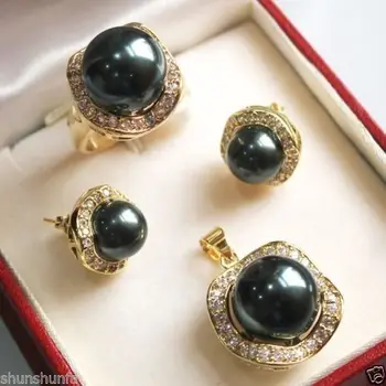 

Beautiful 10mm &14mm black/gray/pink South sea Shell Pearl Earrings Ring Necklace Pendant Set