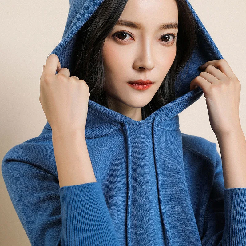 Women's Hooded Sweater Cashmere Blended Loose Sweater Solid Color Student Knitted Casual Tops Pink Color Pullover Sweaters