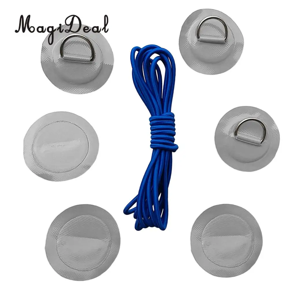 Pack 6 Stainless Steel D-Ring Patch/Pad & 5mm x 5m Elastic Shock Cord Rope for PVC Inflatable Boat Kayak Raft Dinghy - 6 Colors