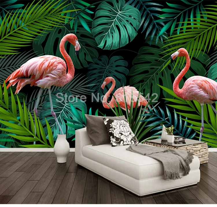 Ручная роспись красная птица зеленый тропический лес банановые листья большие фрески на заказ фото обои Декор настенная живопись