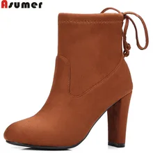 ASUMER/Новое поступление; модные женские ботинки; осенне-зимние женские ботинки из флока с перекрестной шнуровкой; очень высокие ботильоны с круглым носком; большие размеры 34-43