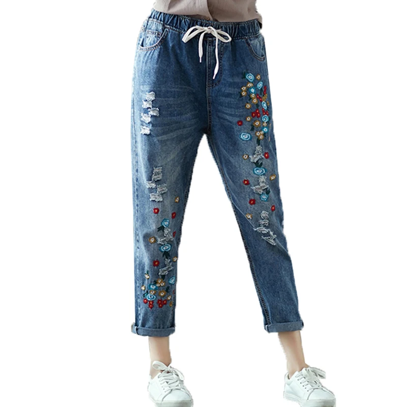 Женские весенне-осенние новые джинсы большого размера с вышивкой, женские повседневные джинсовые укороченные брюки с эластичной резинкой на талии и завязками, женские джинсы