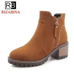 RizaBina женские ботильоны модные теплые ботинки на меху, на молнии женщина Ботинки на высоком каблуке с круглым носком зимние ботинки на