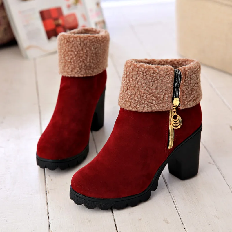 

Boots Woman 2018 Thick High Heels 8.5CM Flock Platform Female Boot Flock Zip Women Shoes Winter Snow Footwear Middle Boots Mujer