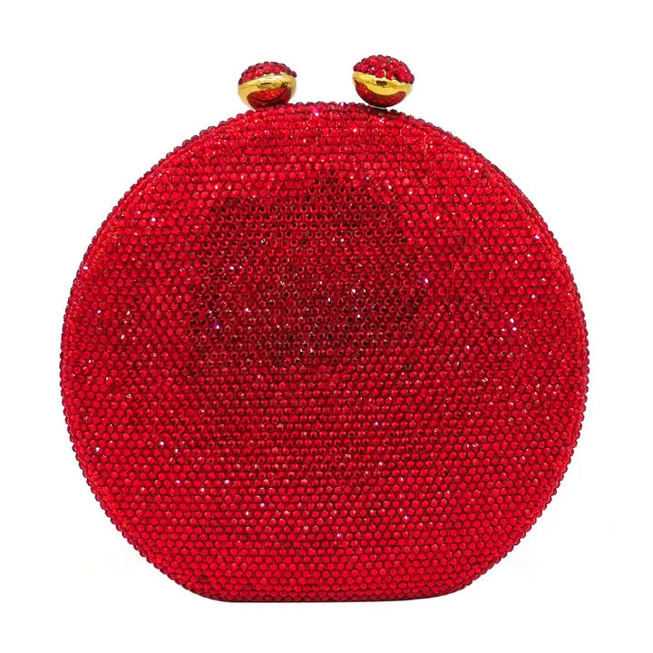 Double Flower Kiss Clasp Round Circular Women Purple Crystal Clutch Evening Handbags Hard Case Wedding Cocktail Diamond Bag - Цвет: Red Evening Bag