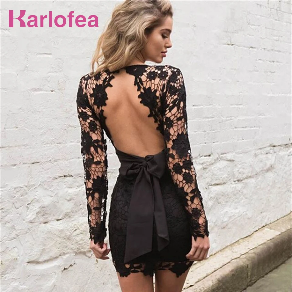

Karlofea Women Fashion Mini Dress Solid Lace Backless With Bow Black Pink Deep-V Neck Long Sleeve Hollow Out Sexy Party Dress