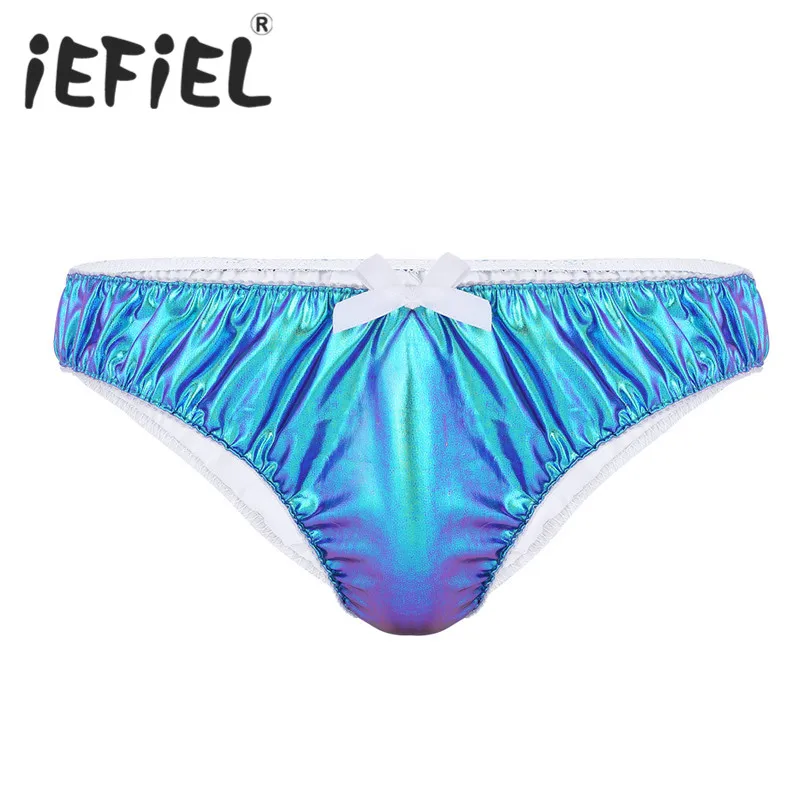 

iEFiEL Male Mens Lingerie Blue Stretch Bright Sparkle Faux Leather Ruched Bikini Briefs Underwear Panties for Clubwear Swimwear