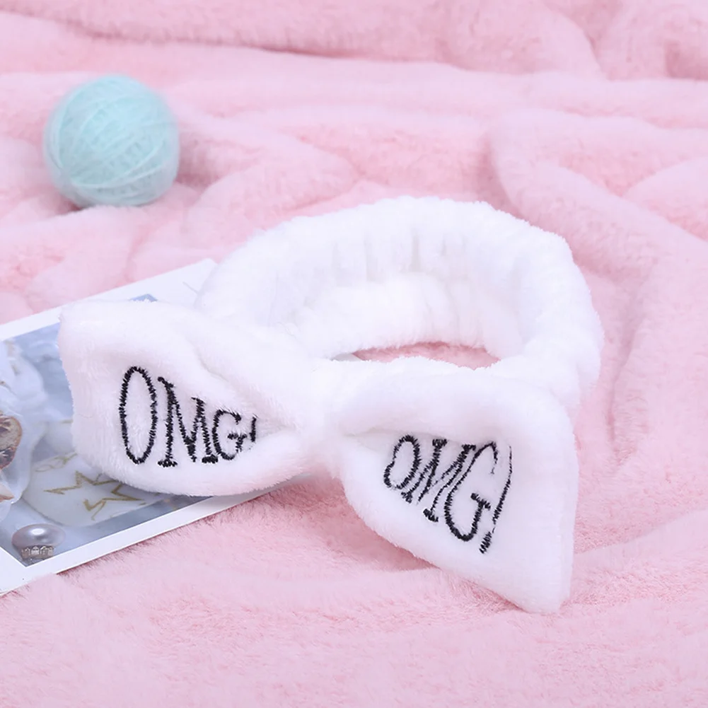 

Woman Soft Bow Plush Cute Hair Accessories Fashion OMG Letters Bathing Wash Face Headband Coral Fleece Elastic Makeup