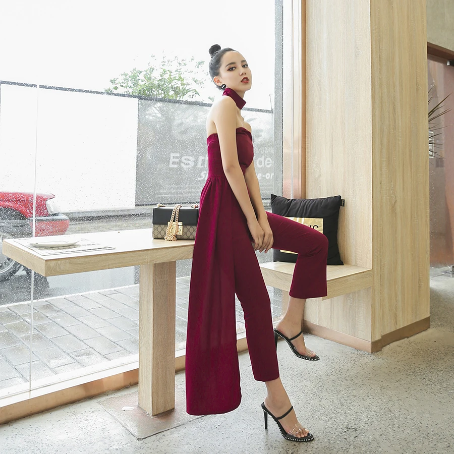 New Summer Wine Red Sexy Ladies Off Shoulder Jumpsuit Vintage Ankle Length Pants Jumpsuits and Playsuits