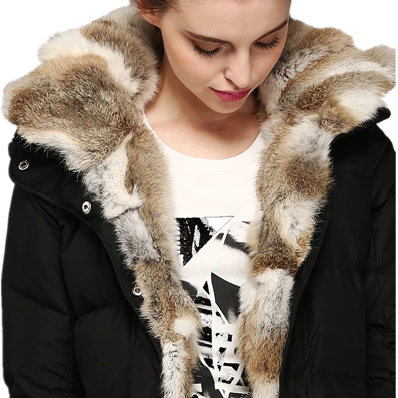 New Fashion Women Down Cotton Jacket Rabbit Fur Collar Long Fur Coat ...