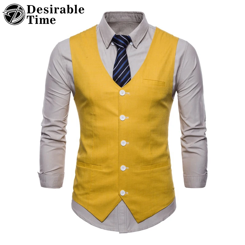Men Wedding Slim Suit Vests White Yellow Green Stage Men Fashion Linen