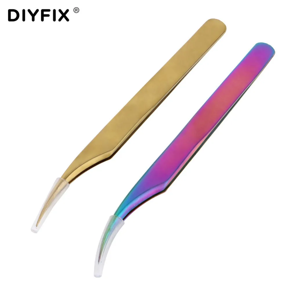 DIYFIX Eyelash Extension Tweezers Electroplating Forceps Curved Tips for Nail Art Rhinestones Gem Decor Picking Hand Tool