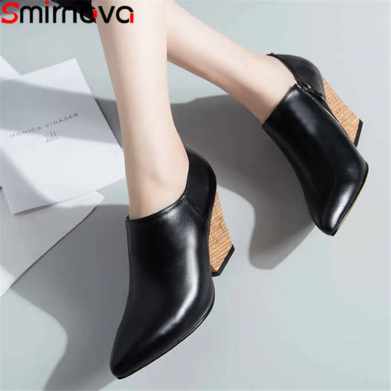 

Smirnova big size 34-40 fashion spring autumn shoes woman pointed toe zip genuine leather shoes wedges shoes high heels shoes