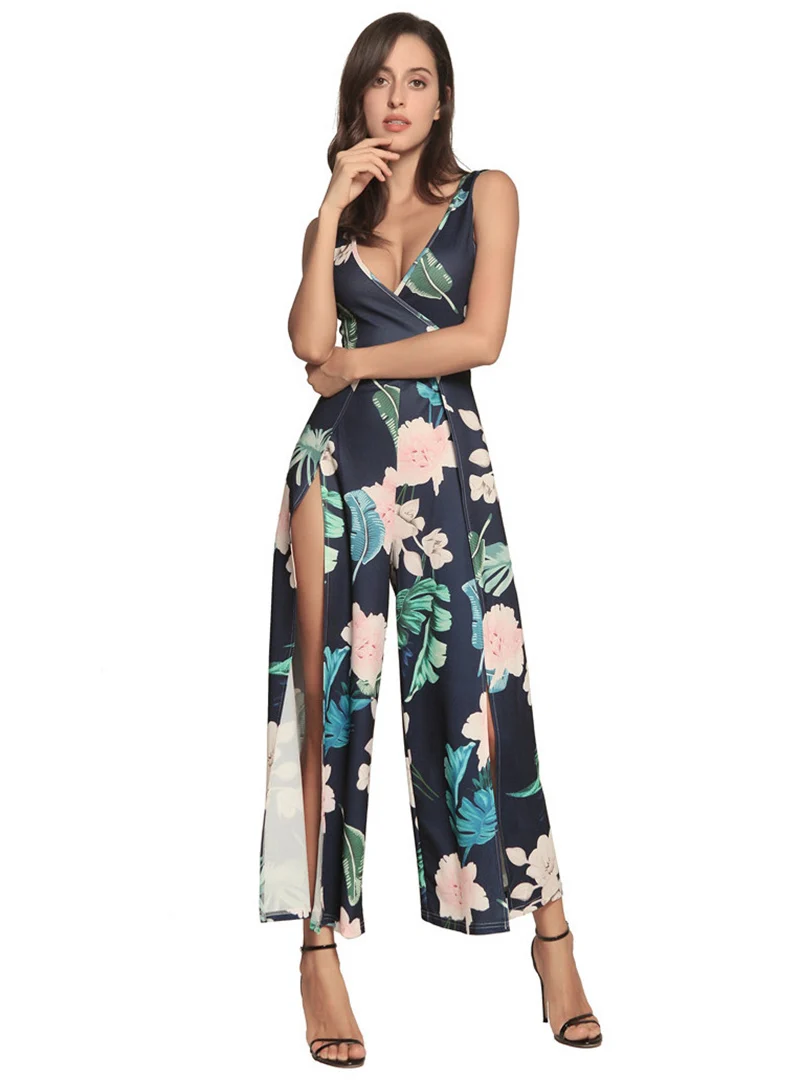 Gladiolus Hot Summer Jumpsuit Women 2019 V Neck Floral Print Split Long Pants Beach Sexy Jumpsuits 2019 Rompers Womens Jumpsuit (28)