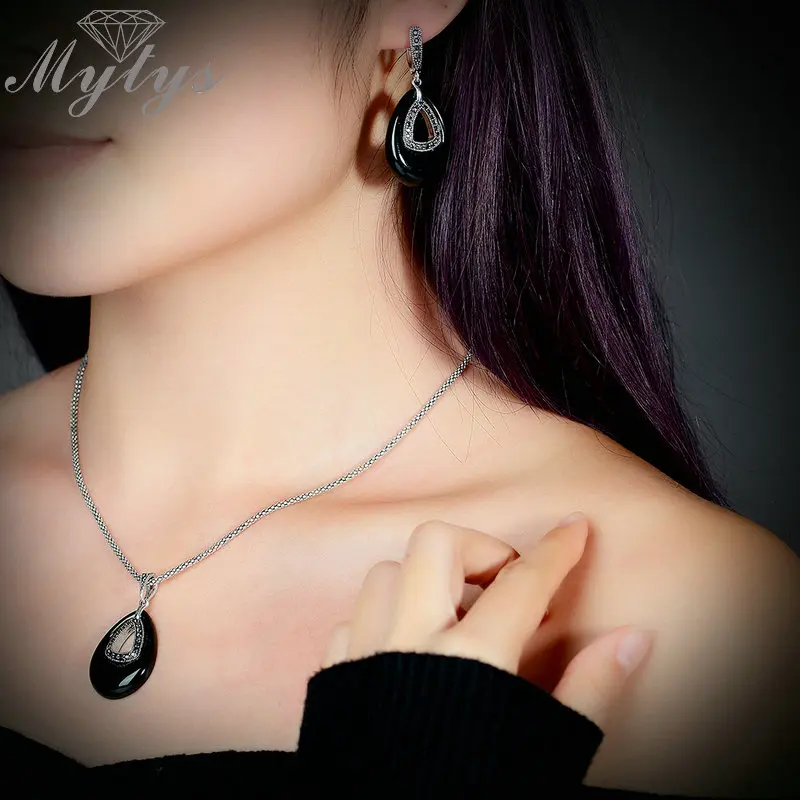Mytys черный овальный кулон Ювелирные наборы для женщин ожерелье и серьги наборы Модные женские ювелирные изделия подарок CN337