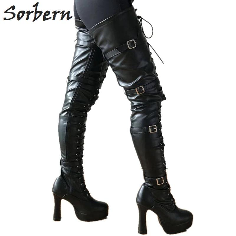 Sorbern/высокие сапоги с голенищем 75 см; женские сапоги на платформе с квадратным каблуком и 4 ремешками на шнуровке; женская пикантная обувь разных цветов