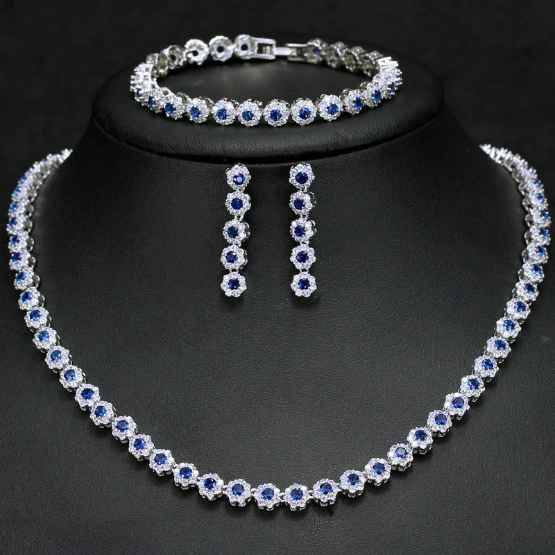 

Blue Green Multi color Zirocnia Silver Jewelry Sets for Women Bracelet Earrings Necklace Pendant Engagement Anniversary Gift