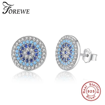 

Forewe Turkey Eye Round Stud Earrings Authentic 925 Sterling Silver With Crystal Earrings For Women Party Dating Jewelry