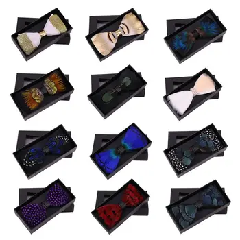 

Natural Feather Hand Made Bow Tie For Men Gift Box Groom Wedding Party Multi Color 094B