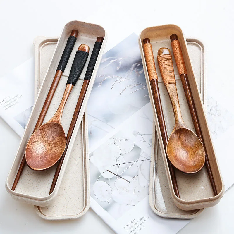 

3 Pcs/Set Household Portable Tableware Box with Wooden Spoon Chopsticks E2S