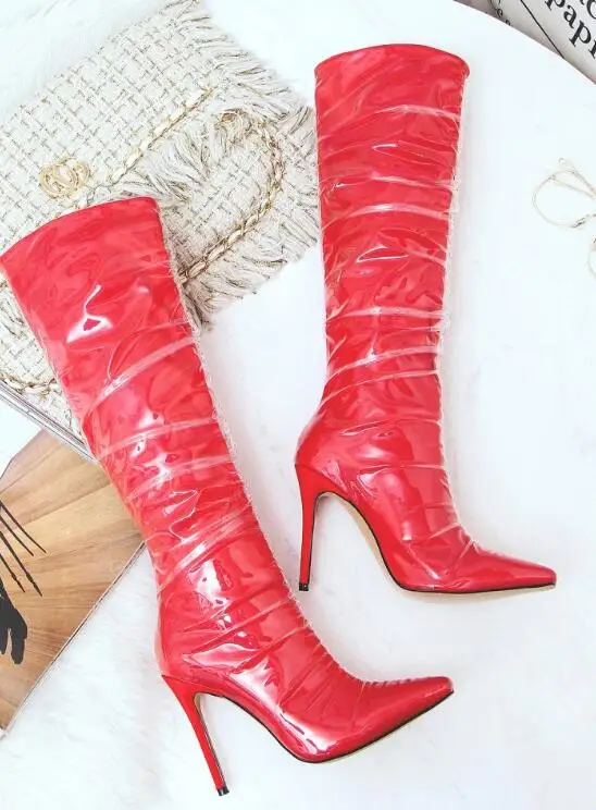 

Hot sexy Red/Black/Plaid Silk Mid-Calf Shoes Pointed Toe Transparent Big Size Women's Shoes Thin Heels Stage Women's Boots