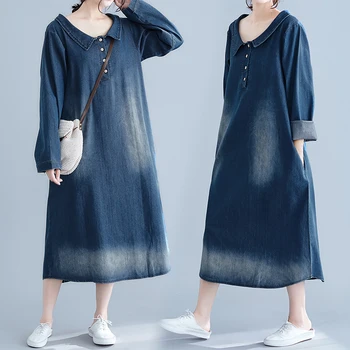 

#0407 Spring Autumn Vintage Denim Dress Women Long Sleeve Plus Size Jeans Dress Female Loose Retro Midi Dress Ladies Vestidos